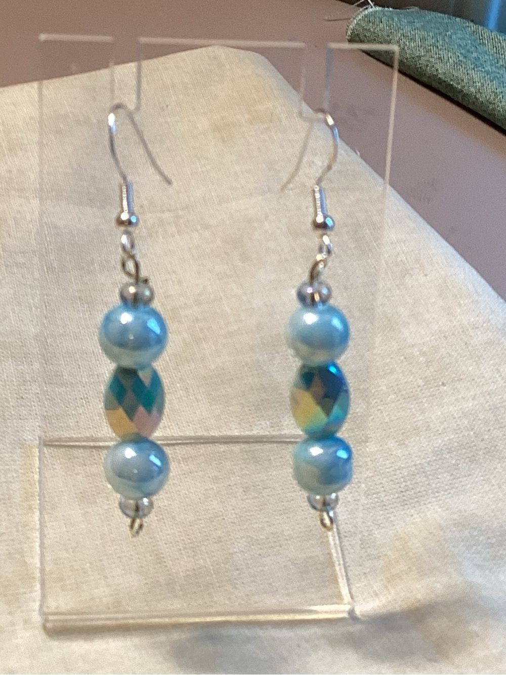 Sterling Silver Ear Wires Iridescent Blue Drop Earrings